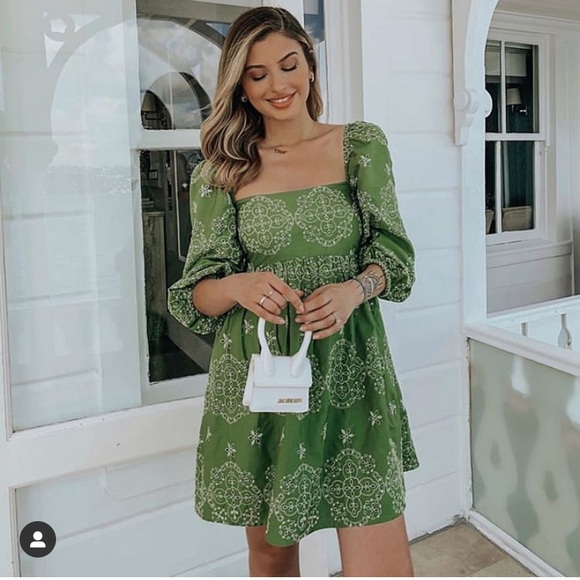 ZARA NWT Green Floral Embroidered Cutout Bardot Dress Puff Sleeves - Picture 9 of 12